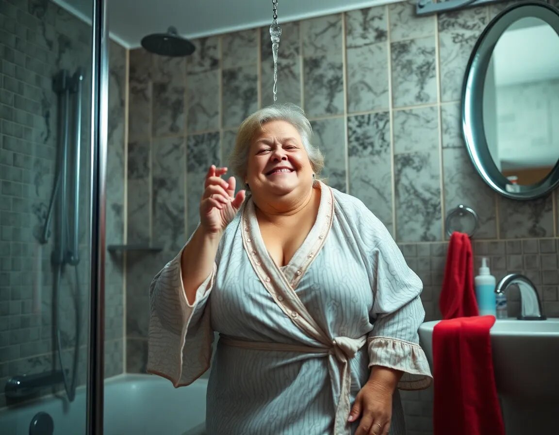 Фото сгенерировано нейросетью. Реальная героиня, что из душа, была лет на 20 моложе. )))