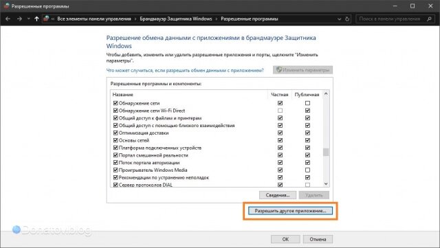    Список исключений брандмауэра Windows