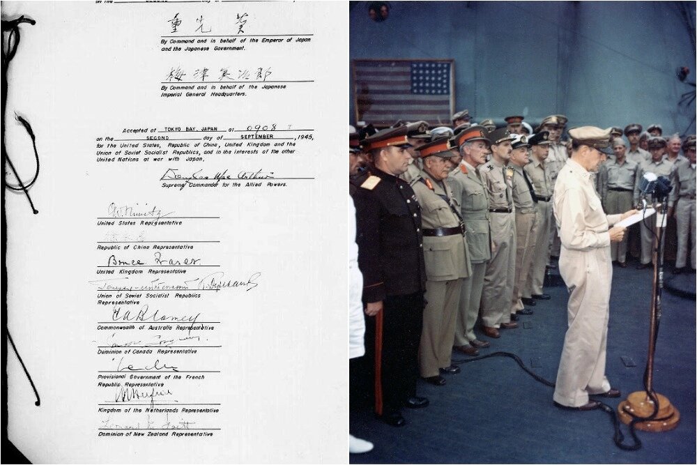    В 9 часов утра 2 сентября 1945 года японские представители подписали официальный акт о капитуляции на палубе американского теплохода «Миссури»; Американский генерал Дуглас Макартур читает свою речь, открывая церемонию капитуляции, позади него стоит советский военачальник, генерал-лейтенант Кузьма Деревянко. Фото: Коллаж АиФ