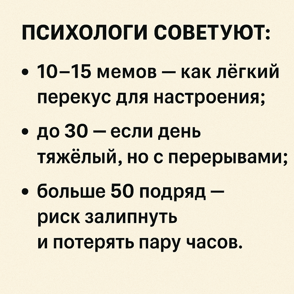психологи советуют: 
10–15 мемов — как лёгкий перекус для настроения;
до 30 — если день тяжёлый, но с перерывами;
больше 50 подряд — риск залипнуть и потерять пару часов.