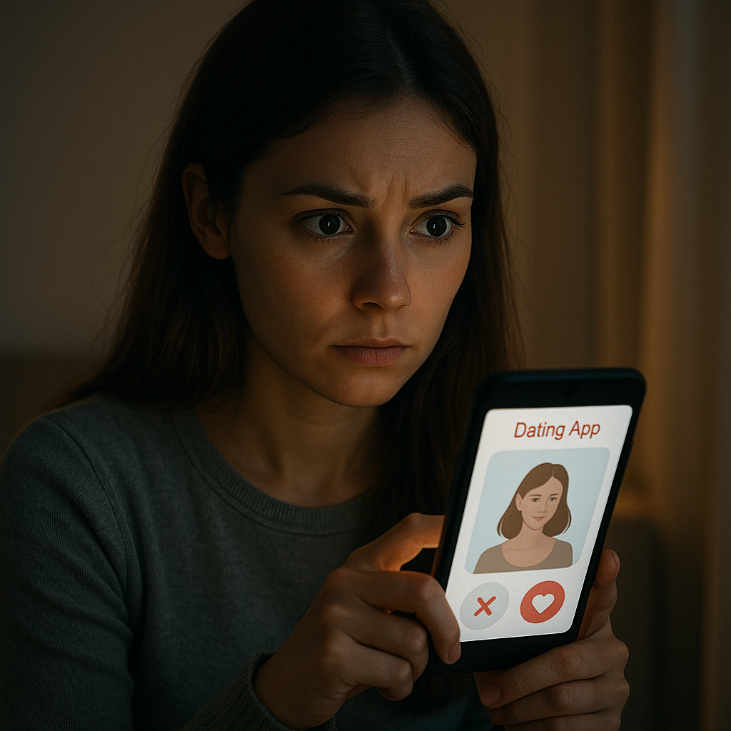 Молодая девушка осторожно пользуется сайтом знакомств
