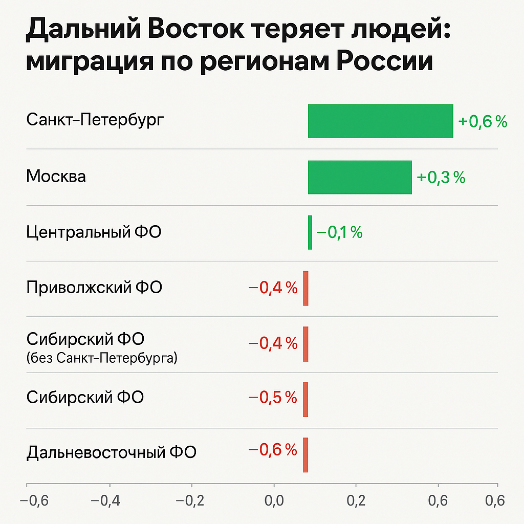 С мая 2024 по май 2025 года численность населения изменилась в большинстве федеральных округов — и не в лучшую сторону. По данным СберИндекса, основанным на перемещениях клиентов Сбербанка, наблюдается устойчивый отток из восточных и центральных регионов.

🔍 Лидеры по приросту:
- 🟢 Санкт-Петербург: +0.6%
- 🟢 Москва: +0.3%

📉 Наибольший отток:
- 🔴 Дальневосточный ФО: −0.6%
- 🔴 Сибирский ФО: −0.5%
- 🔴 Приволжский и Северо-Западный ФО (без СПб): −0.4%

📌 Даже Центральный ФО (без Москвы) показал отрицательную динамику: −0.1%. Это говорит о том, что миграционные потоки концентрируются в двух столицах, а регионы теряют население.

💬 Эти цифры — не просто статистика. Это отражение реальных решений людей: где жить, работать, растить детей. И они поднимают важные вопросы о развитии инфраструктуры, качестве жизни и перспективах.