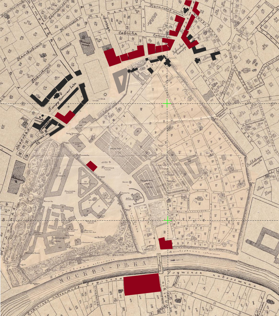 Примерное расположение футуристических зданий из открыток на карте Москвы нач. XX века