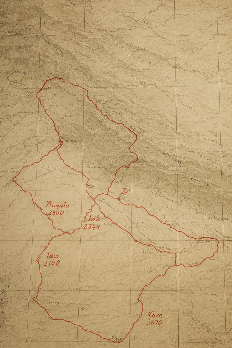 Штабная карта с красными линиями маршрутов русских экспедиций через горные хребты. Видны пометки офицеров о высоте перевалов и источниках воды.