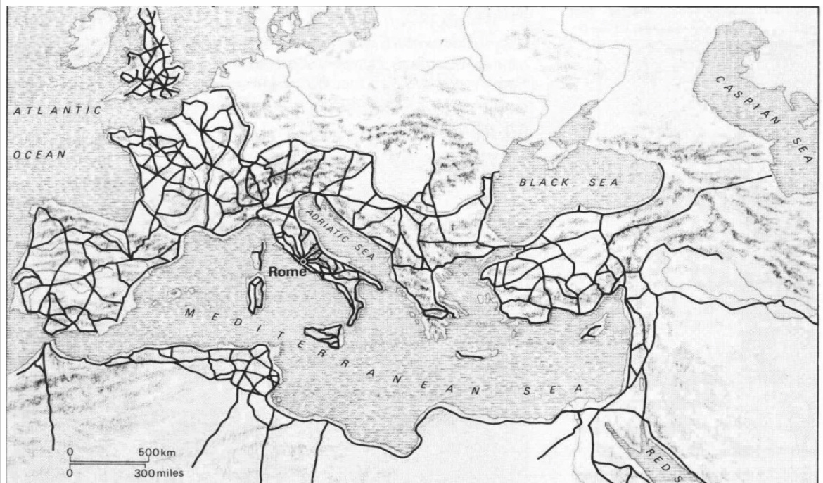 Карта римских дорог (современная автомобильная сеть дорог в Европе основывается на ней)