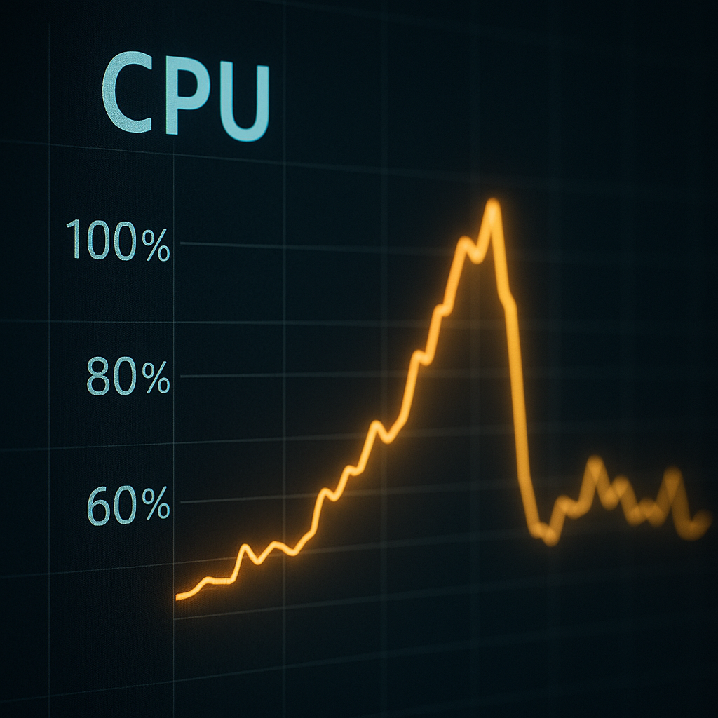 Изображение показывает колеблющуюся линию загрузки процессора, символизирующую, что показатель %CPU не всегда отражает реальную производительность из-за гипертрейдинга и Turbo Boost.