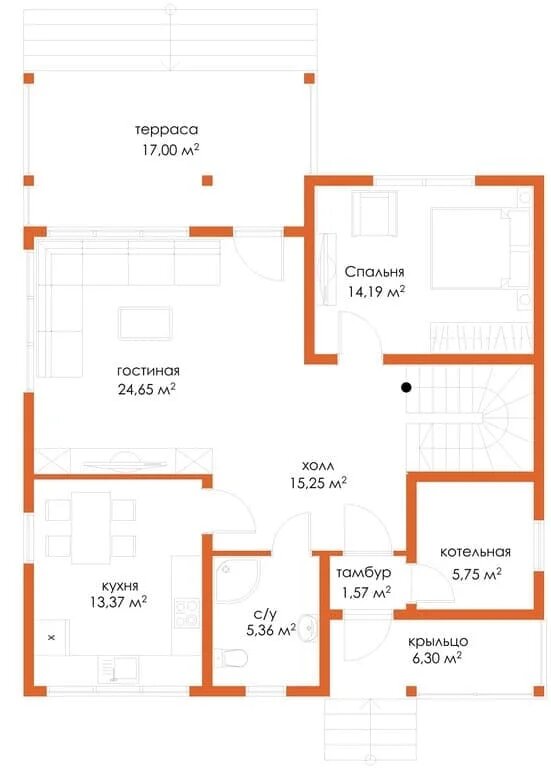 Планировка первого этажа двухэтажного дома "Залесье" от NATURI