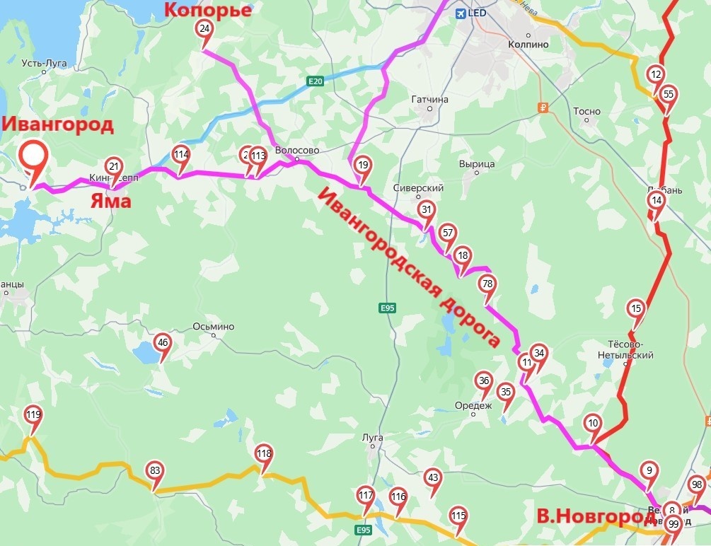 Рис.2. Ивангородская дорога (фиолетовым) на карте магистральных дорог Северо-запада Новгородской земли. Реконструкция. (7).