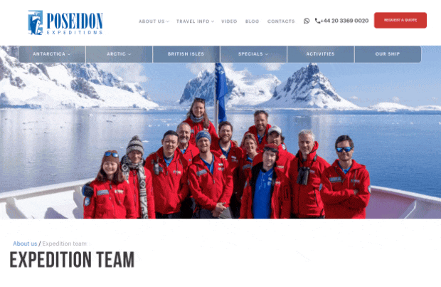 Полная информация о команде: образование, опыт, достижения каждого гида. Клиенты доверяют этим людям свою жизнь в Антарктиде — Google это понимает и ранжирует соответственно.
