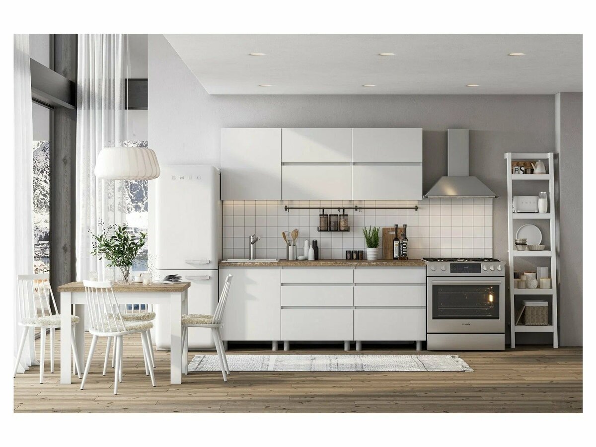 Линейная: идеально подходит для узких кухонь. Все модули располагаются вдоль одной стены.