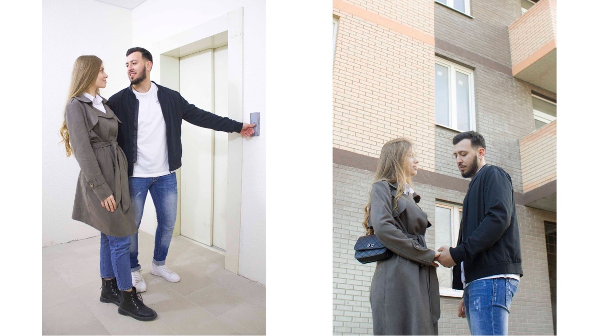 Использовали реальную семейную пару на территории объекта: молодые люди выбирают квартиру меччты с видом на морскую бухту