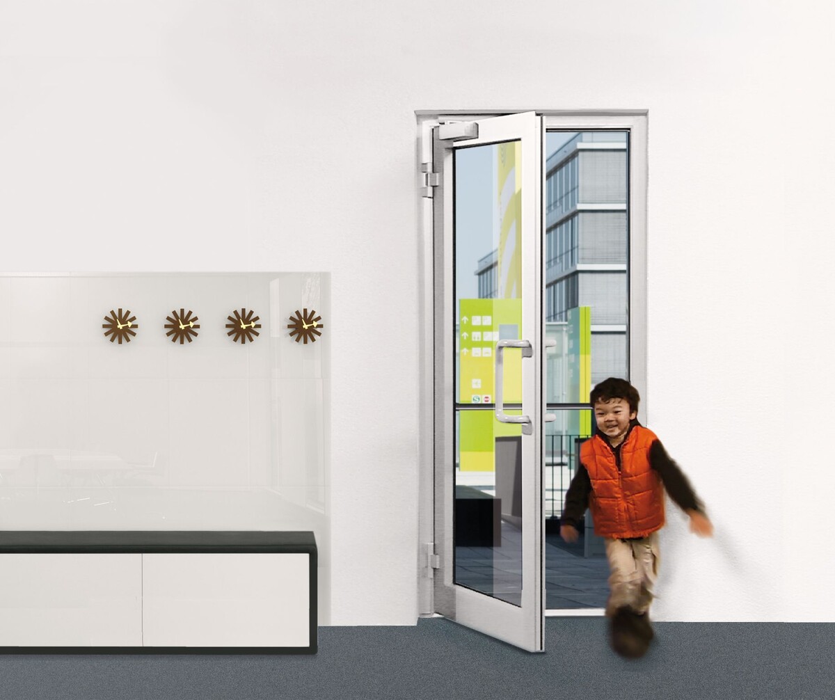 Дверной доводчик верхнего расположения со скользящей шиной для дверей с гидравлическим конечным дохлопом/торможением, который ускоряет/притормаживает дверь незадолго до закрытого положения