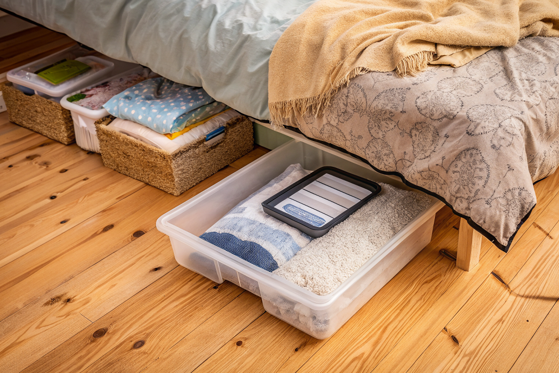 Контейнеры для хранения под кроватью.