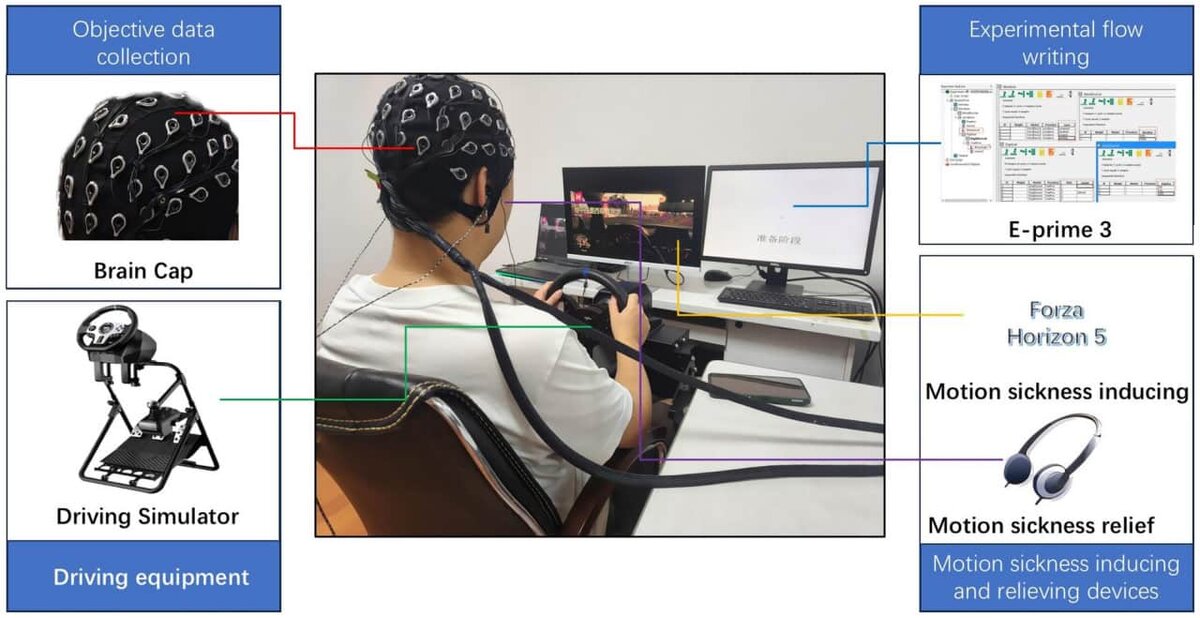    Фото экспериментальной установки и участницы во время виртуального заезда / Yilun Li, Yue Li et al., Frontiers in Human Neuroscience (2025)