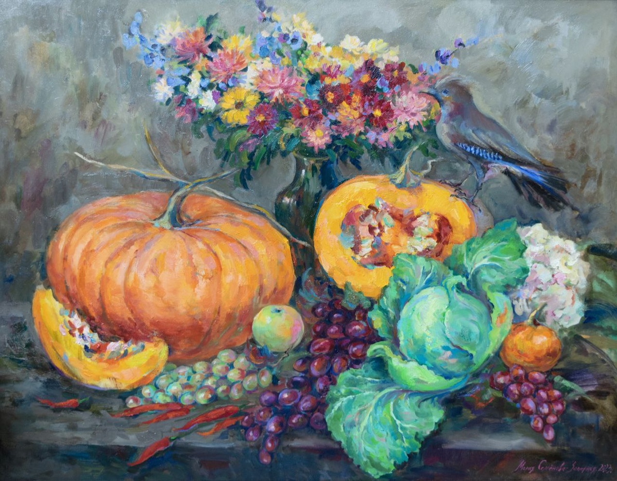 "Натюрморт с голубой сойкой", 2023, холст, масло, Мария Семенова-Зацарная