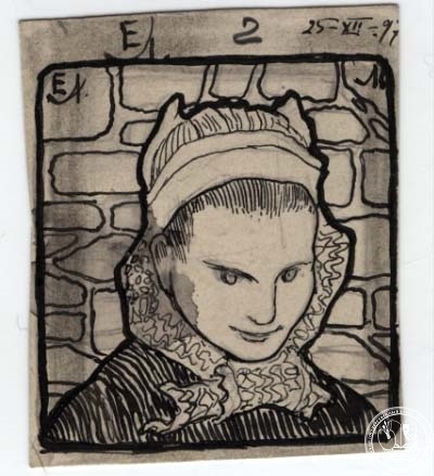 Е.Е. Лансере. Иллюстрация «Голова женщины» к книге Е.В. Балобановой «Легенды о старинных замках Бретани». 1897 г. РГАЛИ. Ф. 1982. Оп. 1. Бумага, графитный карандаш, тушь, кисть, перо.