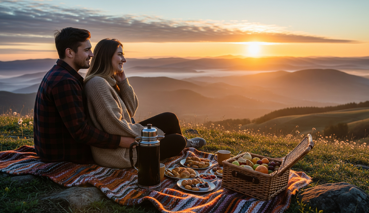 Пара на романтическом завтраке на рассвете