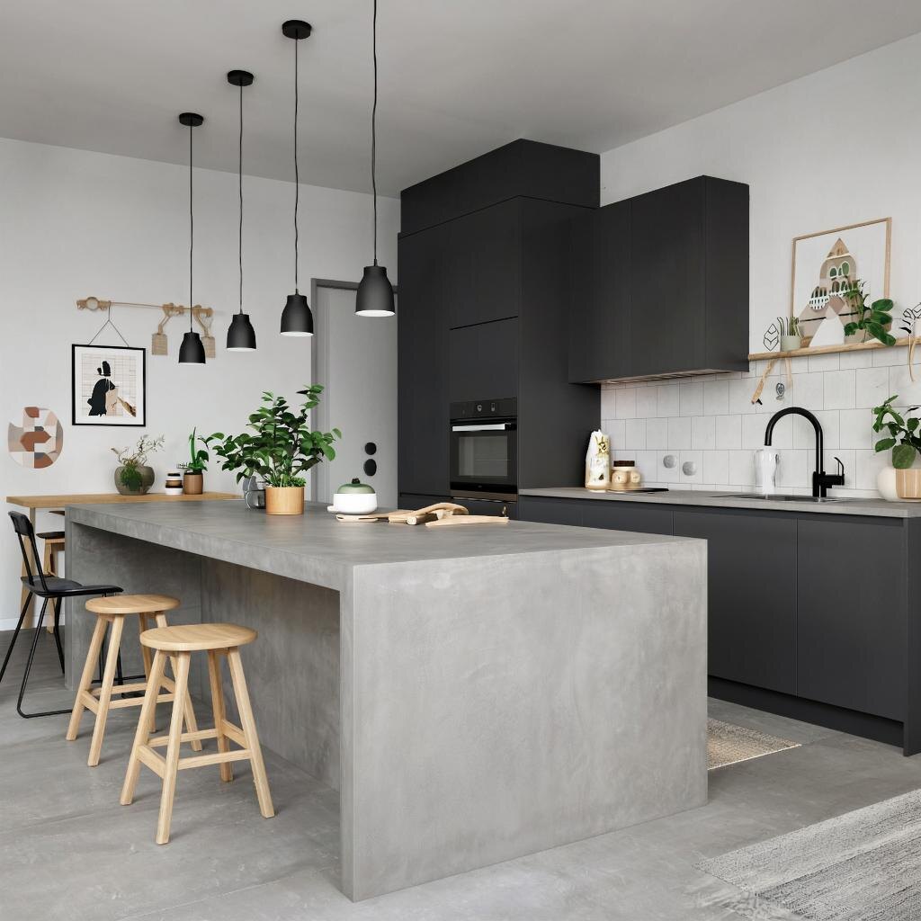 Барная стойка в кухне-столовой из микроцемента