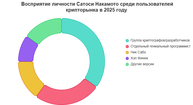 Распределение мнений о личности создателя биткоина среди пользователей криптовалют.