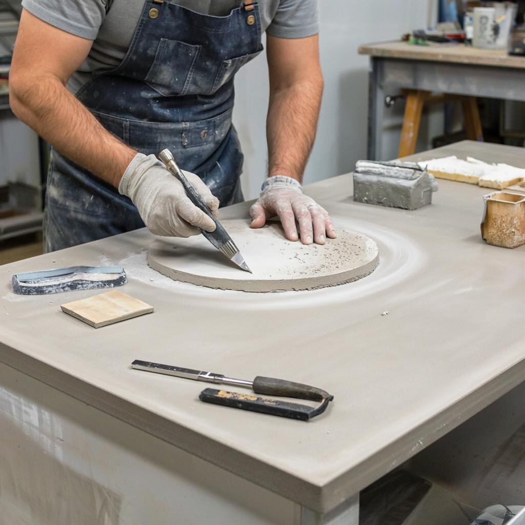 Мастер работает над созданием столешницы из микроцемента.