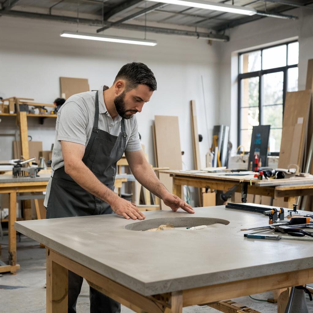 Мастер проверяет столешницы из микроцемента.