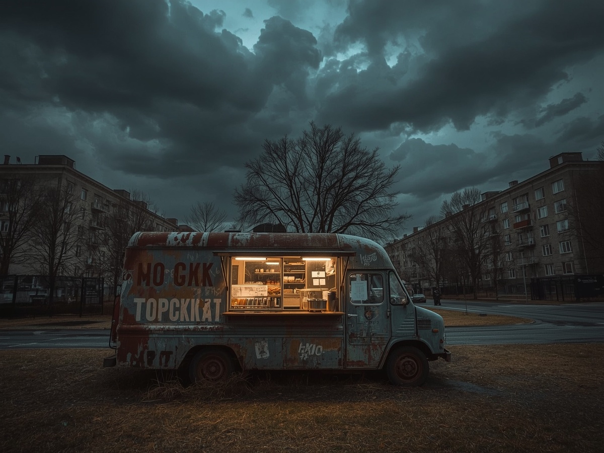 Leonardo AI: Against a backdrop of a typical Soviet-era city, with worn, crumbling buildings and neglected streets, the sky above is a deep, foreboding grey, with thick, rain-bearing clouds and thunderheads, casting a gloomy, eerie atmosphere of twilight. In the foreground, a rustic, weathered food truck, adorned with faded, hand-painted Cyrillic letters, stands out, its exterior worn and rusty, with a hint of red and orange hues, evoking a sense of warmth and comfort amidst the desolate surroundings, its serving window steamed up, emitting a warm, inviting glow, as the aroma of traditional Soviet street food wafts out, enticing passersby.
