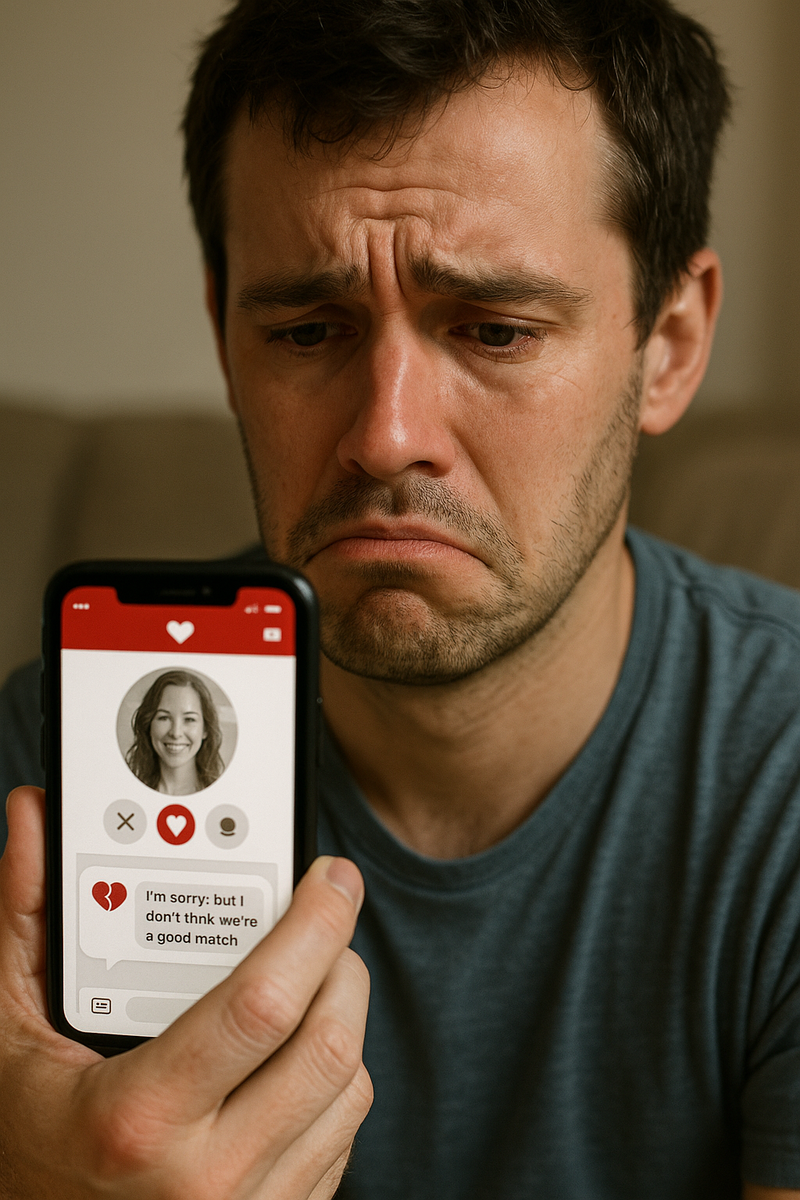 Разочарованный мужчина смотрит на экран телефона с приложением знакомств
