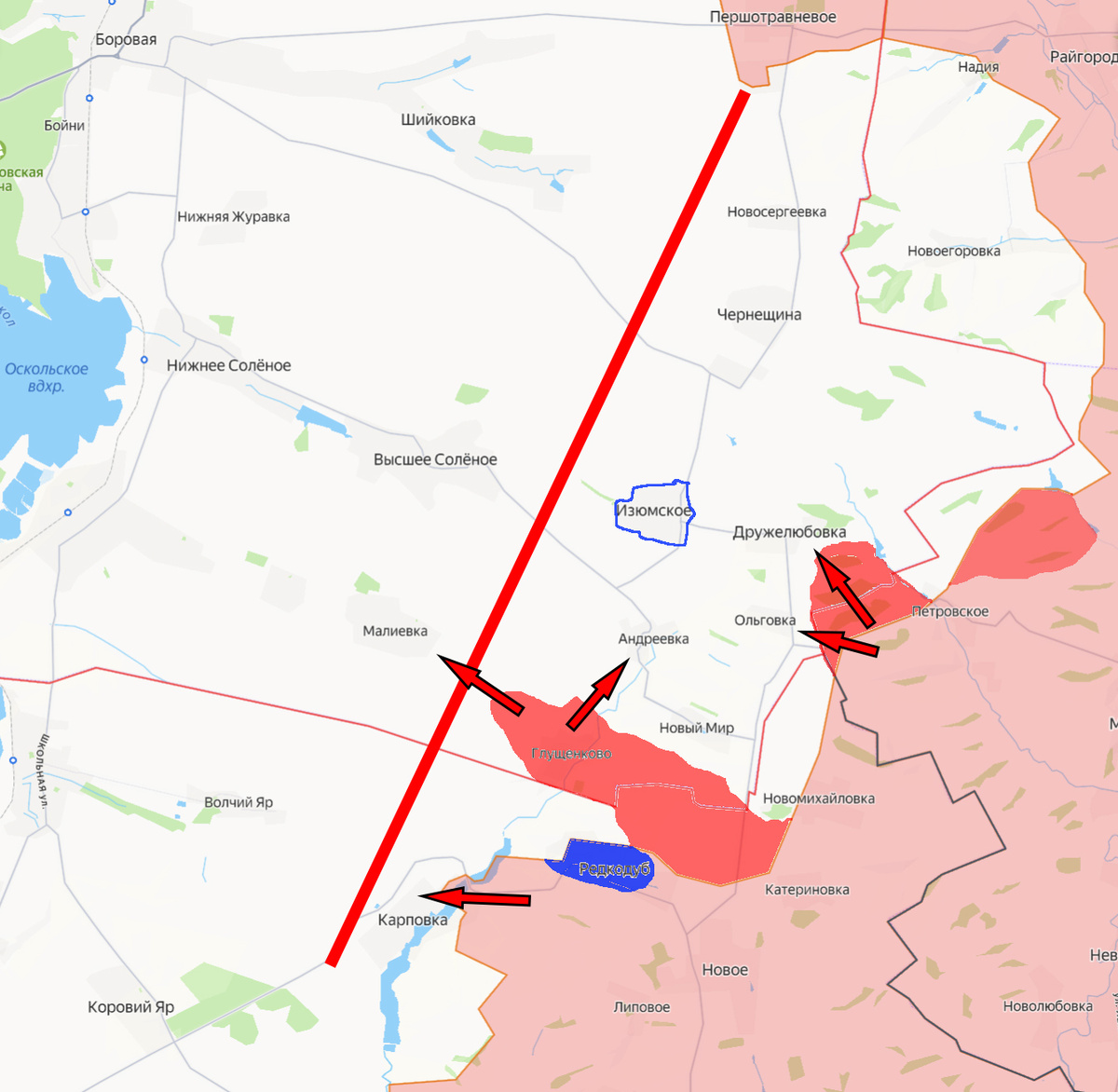 Красными стрелками - направления атак ВС РФ, красным - продвижение наших бойцов, синим - корректировка карты - значительная часть Редкодуба сейчас за ВСУ. Красная линия - рубеж, на который нужно выйти, чтобы развить атаки в сторону сёл Пески-Радьковские и Нижнее Солёное.