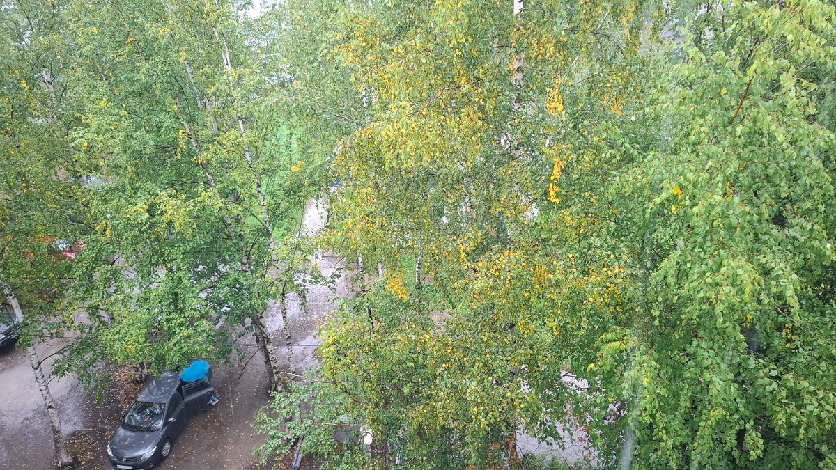 Вид с балкона. Соседка к машине шла под зонтом. С крыши балкона льет ручьем.