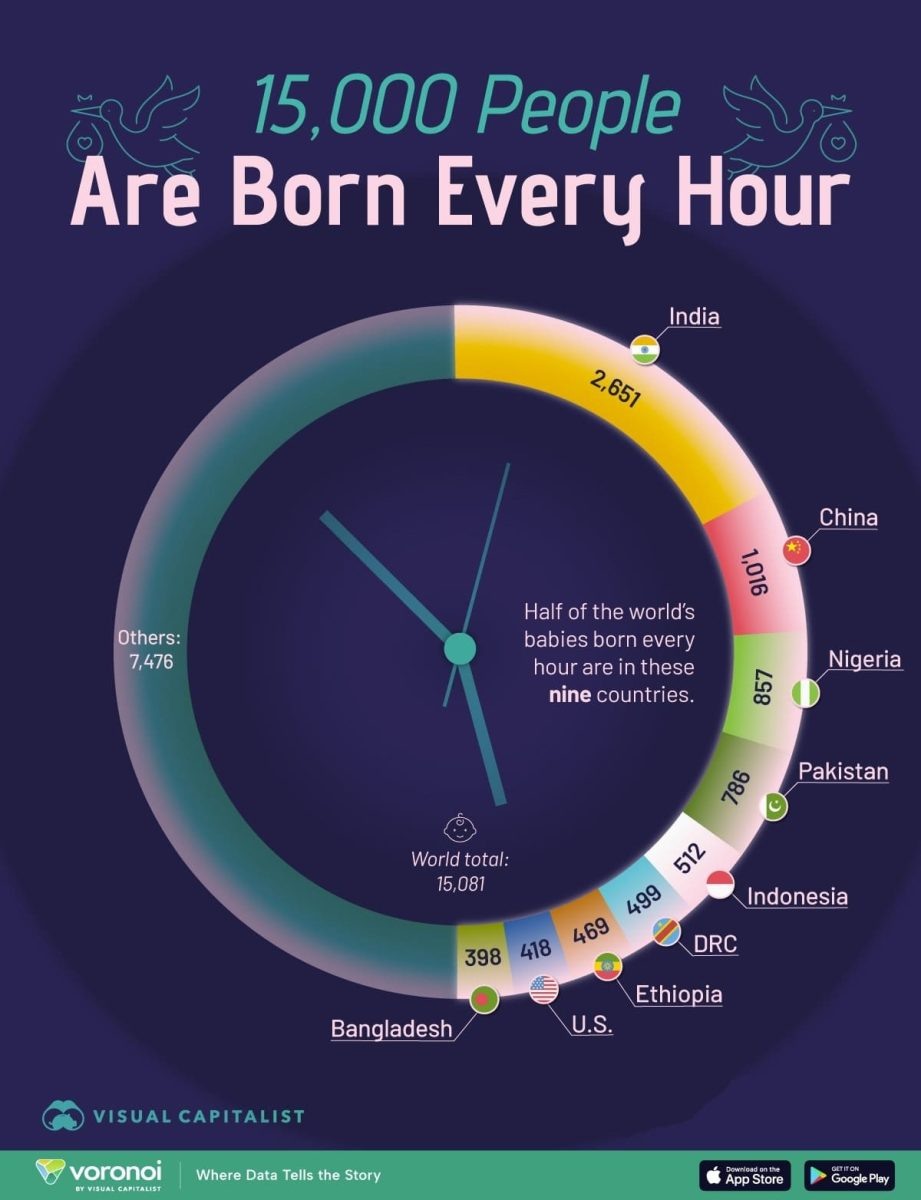    Инфографика: сколько детей рождается каждый час в разных странах / © Visualcapitalist