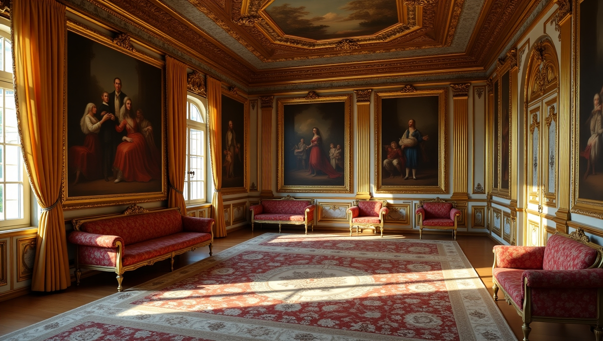 Роскошный интерьер магнатского дворца XVIII века с золотой мебелью и картинами в резных рамах. Атмосфера должна передавать невероятное богатство польской аристократии.
