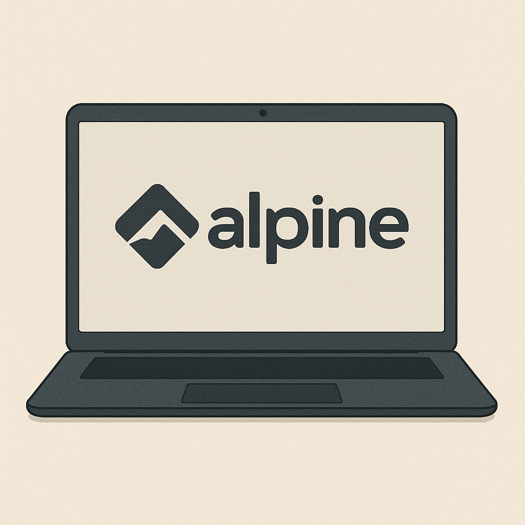 Минималистичная иллюстрация с логотипом Alpine Linux на экране компьютера или ноутбука, символизирующая использование этой лёгкой системы в качестве основной ОС.
