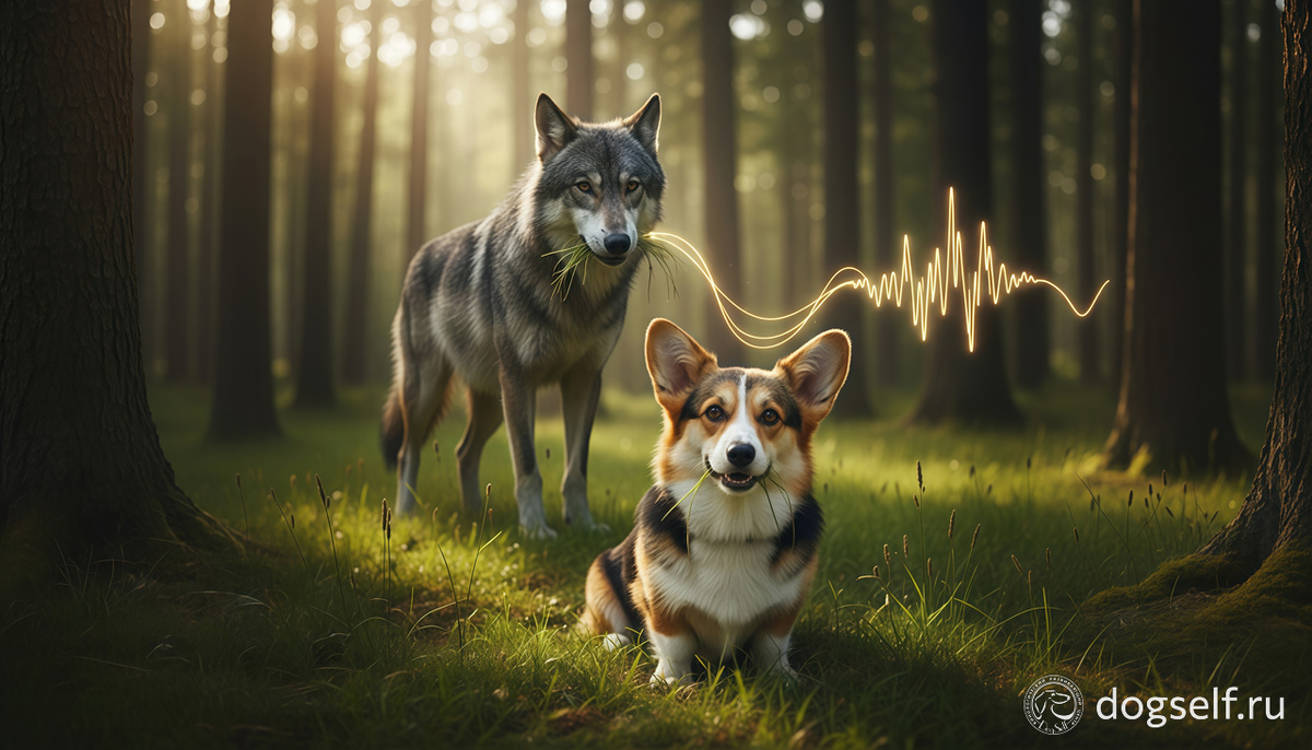 Вот он, тот самый «первоисточник сигнала», вещающий из глубин веков. Связь поколений в прямом эфире | Иллюстрация о том, почему поедание травы является нормальным поведением для собак, унаследованным от диких предков | Изображение: DogSelf