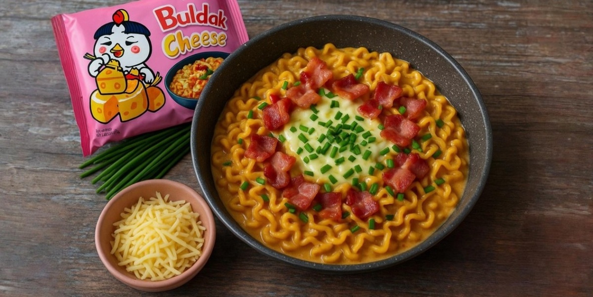 Готовое блюдо лапши Бульдак Карбонара с беконом, сыром и зеленым луком. Источник: нейросеть📷
