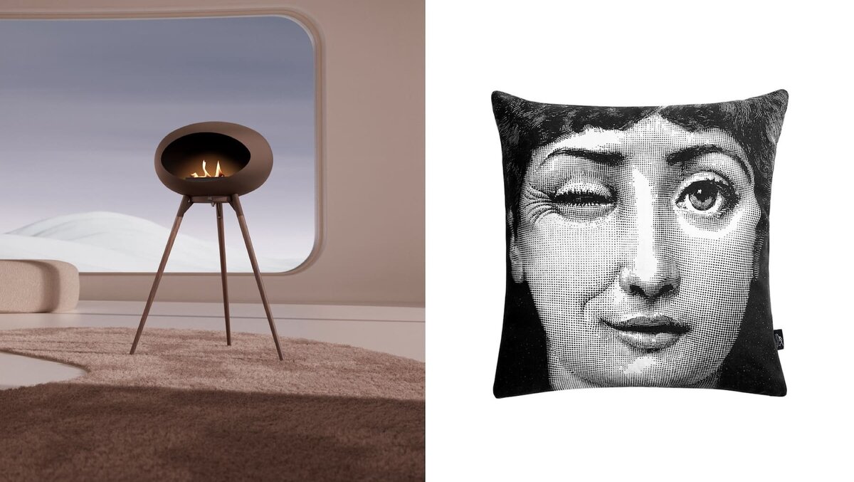 Биокамин Bork, цена по запросу; Декоративная подушка Fornasetti («ЦУМ»), 30 950 руб