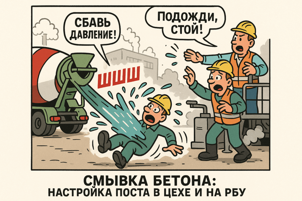    Процесс смывки бетона: работники готовят оборудование и очищают поверхность для дальнейшей обработки.