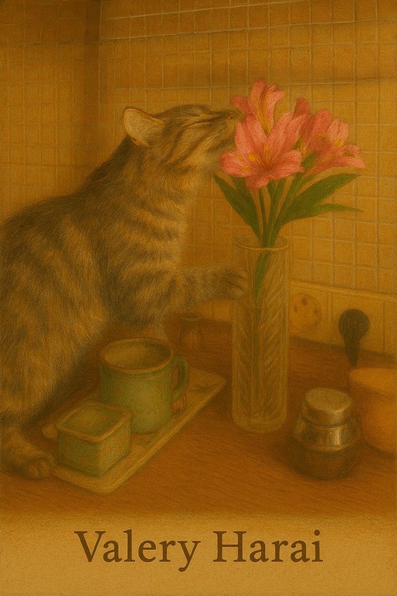 В тихой кухне, где сквозь шторы пробивается свет, кот с пушистой серо-коричневой шерстью тянется к букету розовых лилий. Его глаза закрыты, словно он вдыхает не просто аромат, а покой самого утра. Лапа аккуратно лежит на стеклянной вазе, отражающей свет, словно зеркало настроения. Цветы – символ нежности и жизни, которая продолжается даже в самом обыденном пространстве. На заднем плане – старая кофейная кружка, покрытая патиной времени, и металлическая банка, отражающая тёплые оттенки кухонного света. Всё дышит осенью: от медового цвета столешницы до золотистого сияния, нежно обволакивающего каждый предмет. Это не просто сцена – это момент, когда домашнее пространство становится храмом тишины, а кот – его хранителем. Здесь нет спешки, только дыхание, свет и лёгкий аромат лилий.