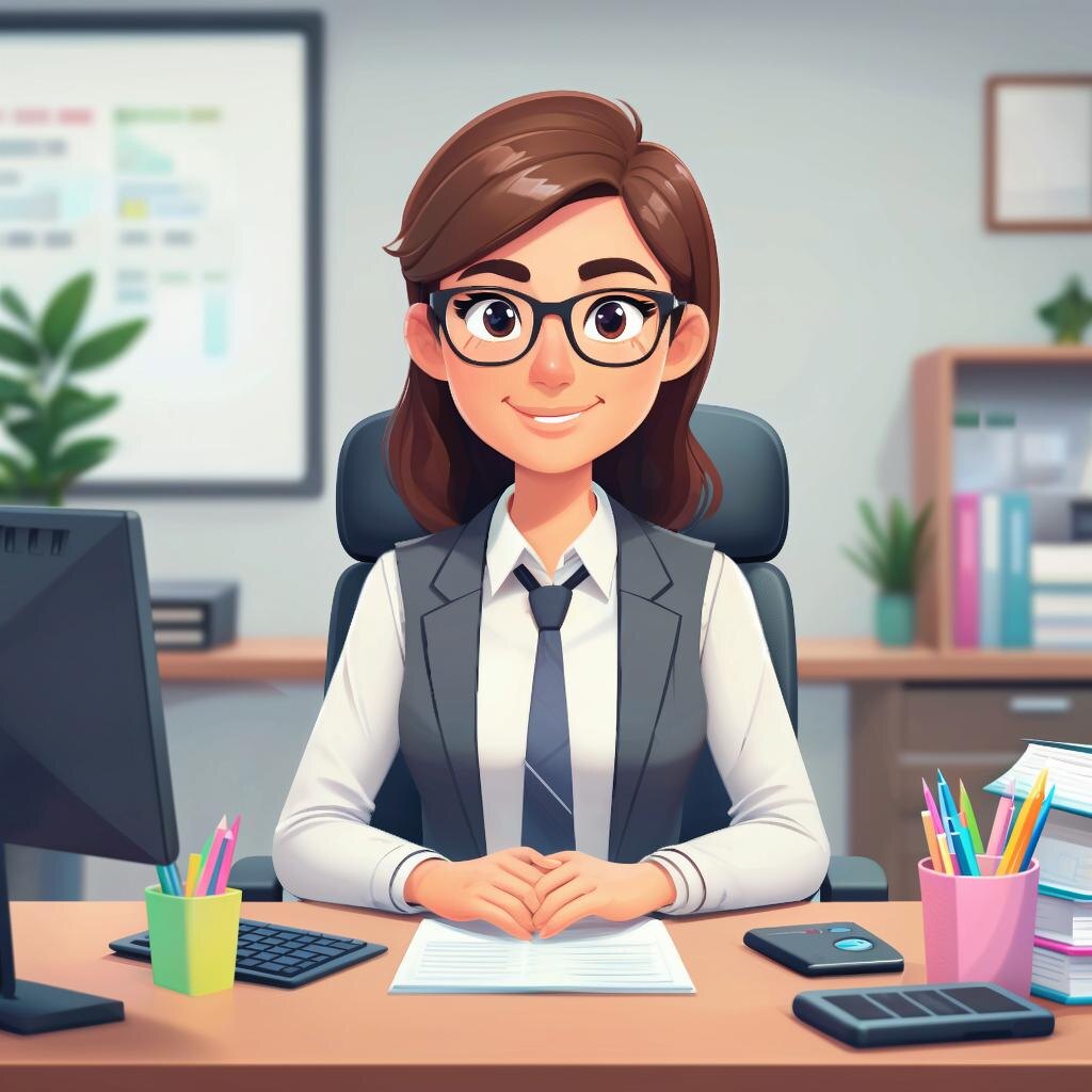 Офисный работник девушка, сидит за столом