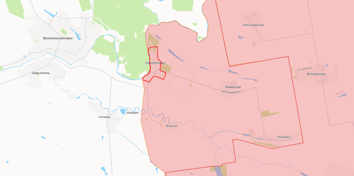 Красным контуром - освобождённое село Новосёловка.