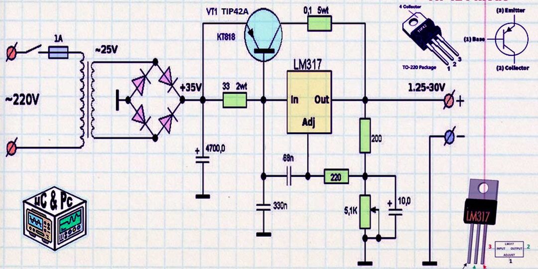 📙 Лабораторный блок питания до 30 В и 5А на LM317 с силовым Транзистором