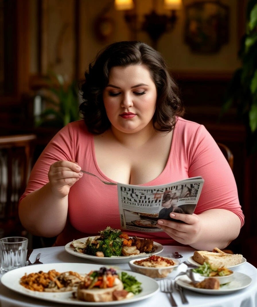 Полная женщина сидит за столом.