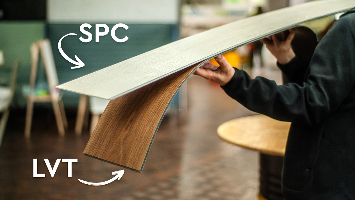 Наглядно видна разница между жёстким SPC и эластичным кварц-винилом (LVT)