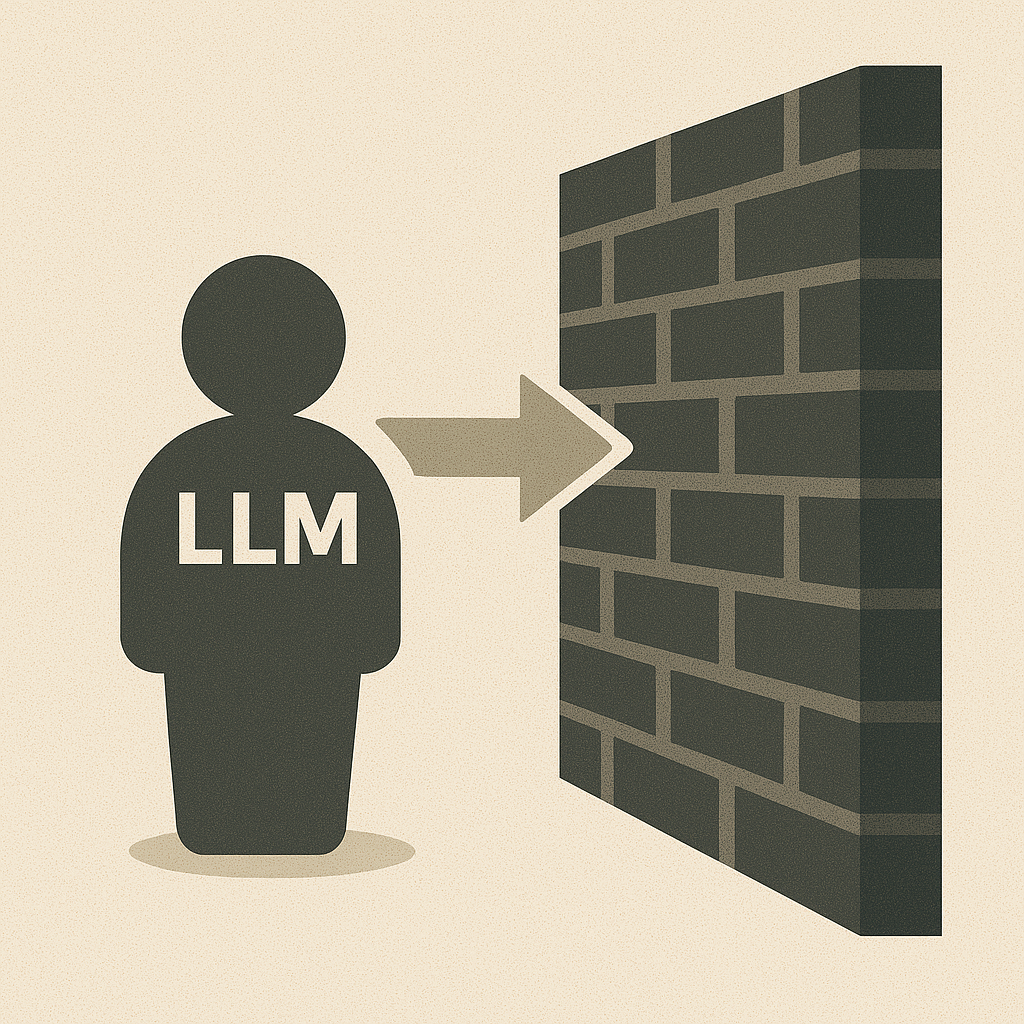Иллюстрация показывает метафорическую «стену», о которую упираются большие языковые модели (LLM), символизируя пределы масштабирования и ограничения их надёжности.