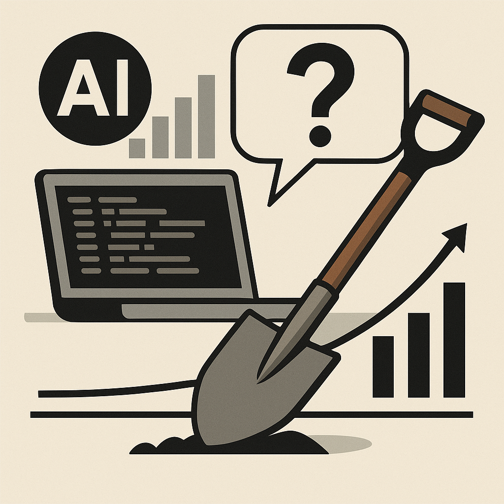 Иллюстрация с лопатой, ноутбуком и графиками, символизирующая сомнения в заявлениях об ускорении AI-кодинга и отсутствие всплеска «шовелвэра» после его внедрения.