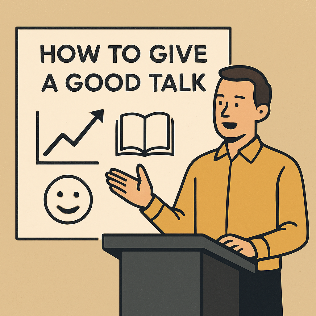 Иллюстрация показывает выступающего за кафедрой или у экрана, перед аудиторией, с графиком и символами знаний, подчёркивая ценность структуры и харизмы в хорошем докладе.