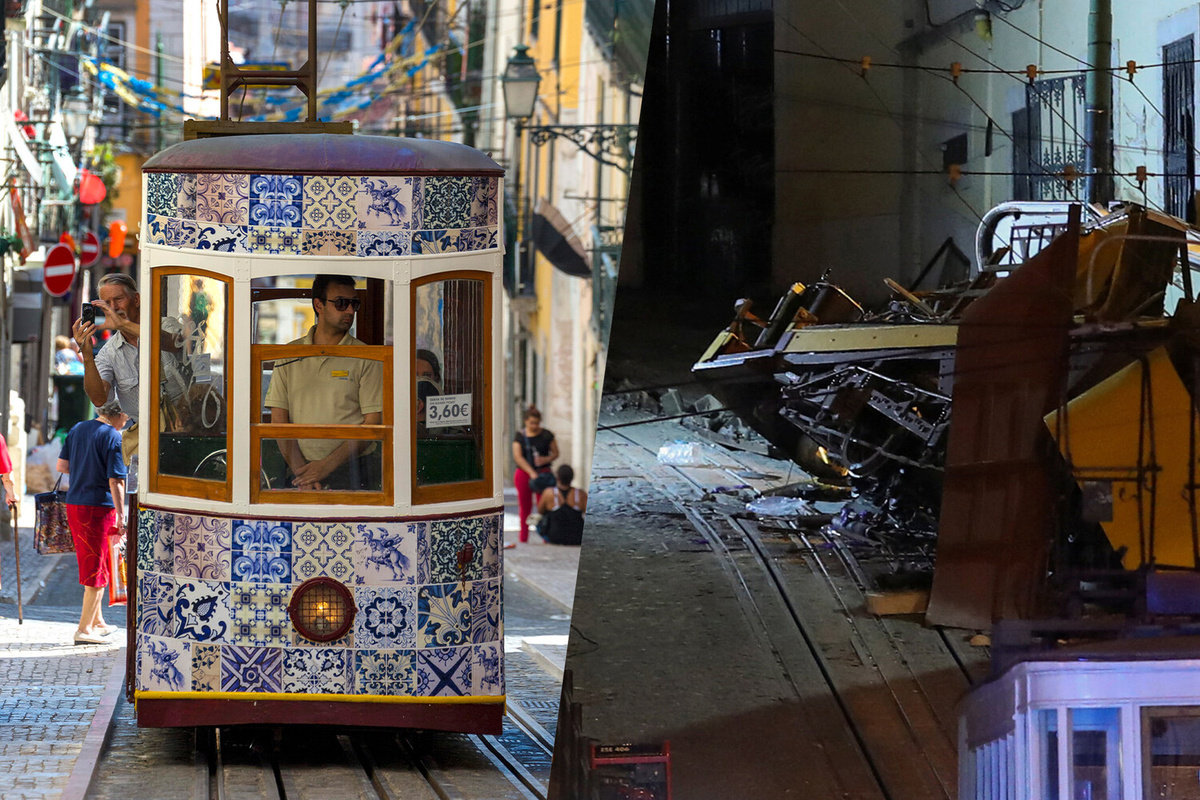 Фуникулер «Глория» в Лиссабоне до аварии (слева) и после аварии (справа) 