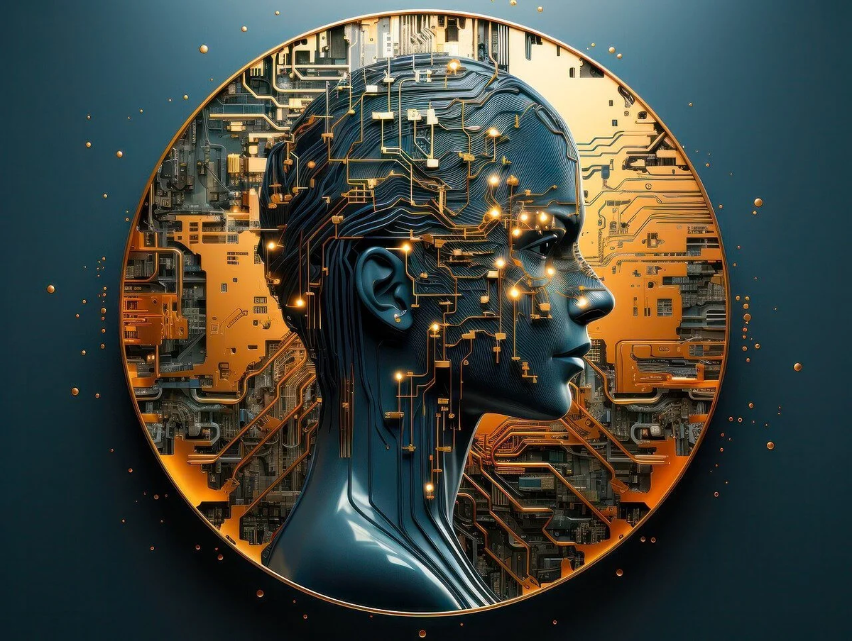 Художественное цифровое представление человеческого интеллекта в сочетании с квантовыми вычислениями и передовыми схемами, иллюстрирующими интеграцию искусственного интеллекта и машинного обучения.