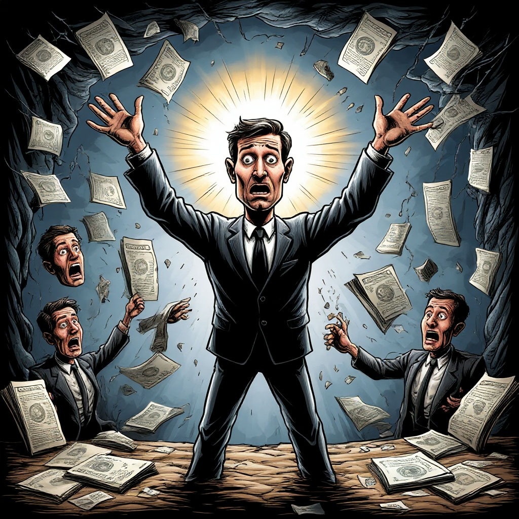 Долговое рабство. Я так жил 13 лет и это было куда жжёще, чем на картинке. В итоге я просто УСТАЛ страдать. И перестал это делать))) Долги никуда не ушли. Но ушли страдания. 