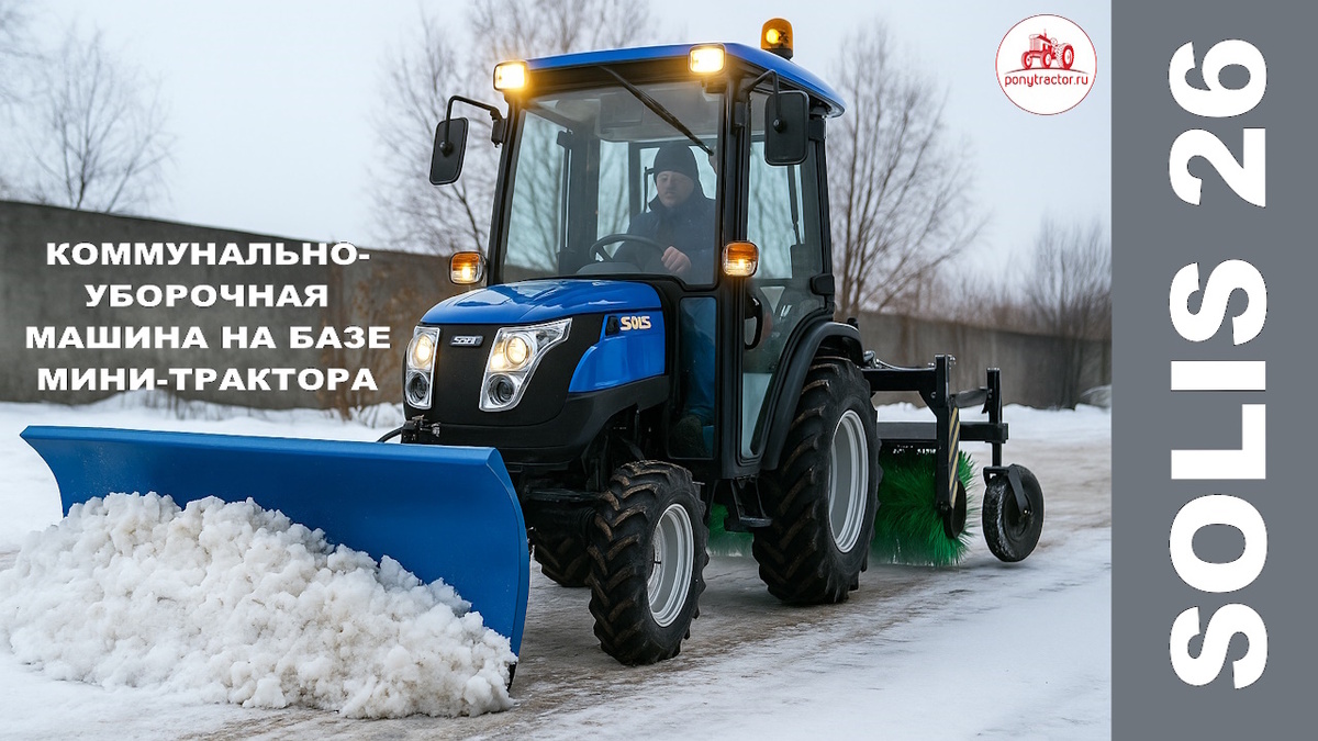 Мини-трактор Solis 26 на зачистке территории от снега. Фото автора.