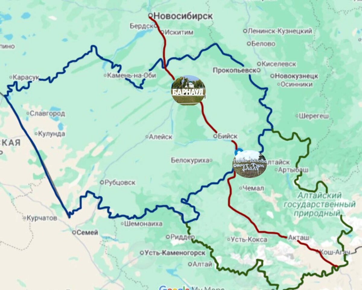 Синий - границы АК, зеленый - границы РА, красная линия - Чуйский тракт